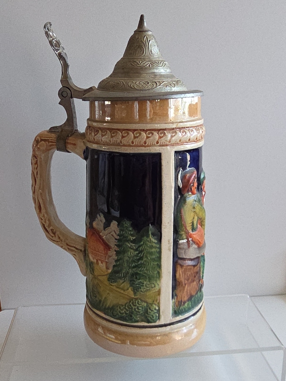 Vintage Original Gerz German Beer Stein w/ Pewter Lid -Cobalt Blue Tavern Scene